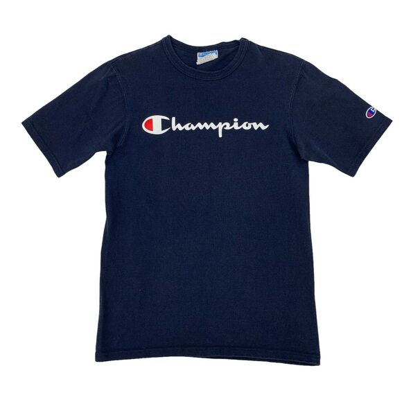 Vintage Champion T Shirt Men's Size S Navy Blue Short Sleeve Spell Out Logo Tee - Picture 1 of 8